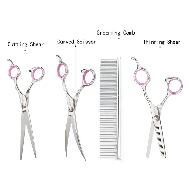 GEMEK Pet Cat Dog Grooming Scissors Set 4 Pieces Stainless Steel Professional Pet Trimmer Kit - 7.5 inch Straight Cutting, Thinning Shears, Curved, Grooming Combs Pink 5 in 1 - PawsPlanet Australia