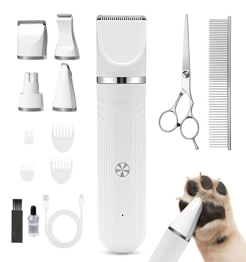 Flintronic 4 in 1 Dog Clippers Professional, Dogs Grooming Clippers Kit, Rechargeable Pet Paws Trimmer, with Stainless Steel Scissors Combs, Dog/Cat Shaver for Paws, Claws, Eyes, Ears, Face 4 in 1 White