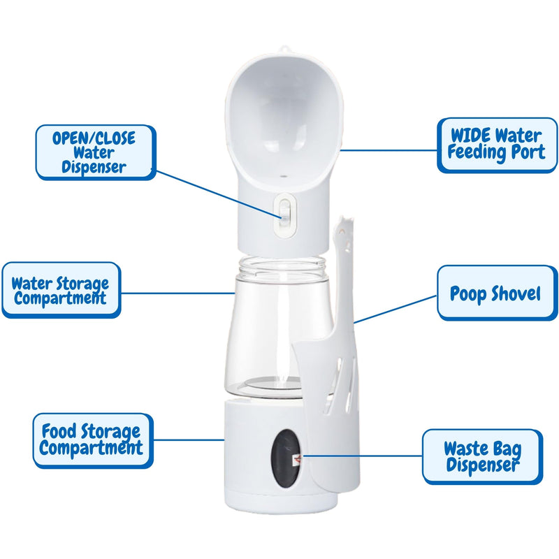 All-in-One Portable Dog Water Bottle, Food Dispenser, Poop Bag Dispenser, Dry/Wet Food Container 7 oz., Travel Water Bottle 9oz., 2 Poop Bags Included, Food Grade Plastic, Leak Proof-Grey Color - PawsPlanet Australia