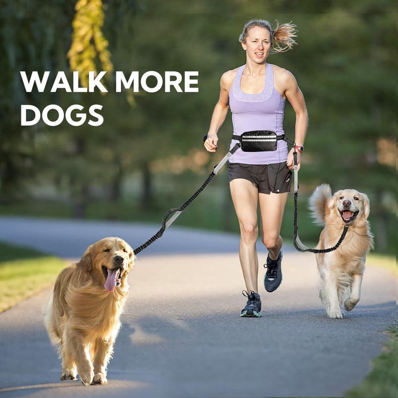 Hands Free Dog Leash with Pouch, Double Leash for Two Dogs, Retractable Bungee with Double Padded Handles, Dog Waist for Dog Walking,Dog Walking Accessories,Black Grey Black/Silver Gray Large 2 Leashes - PawsPlanet Australia