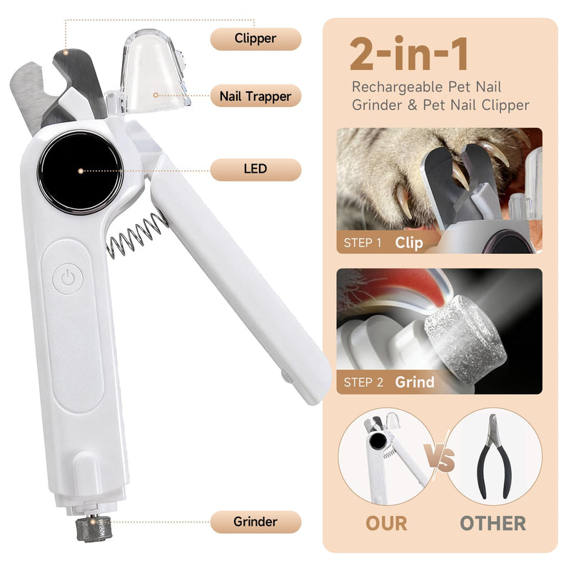 2-in-1 Dog Cat Nail Grinder & Clipper with LED Light, Pet Nail Clippers for Large Medium Puppy Dogs Ultra Quiet, Dog Cat Nail Trimmers with Splash Guard, Electric Dog Cat Claw Care File (White) - PawsPlanet Australia