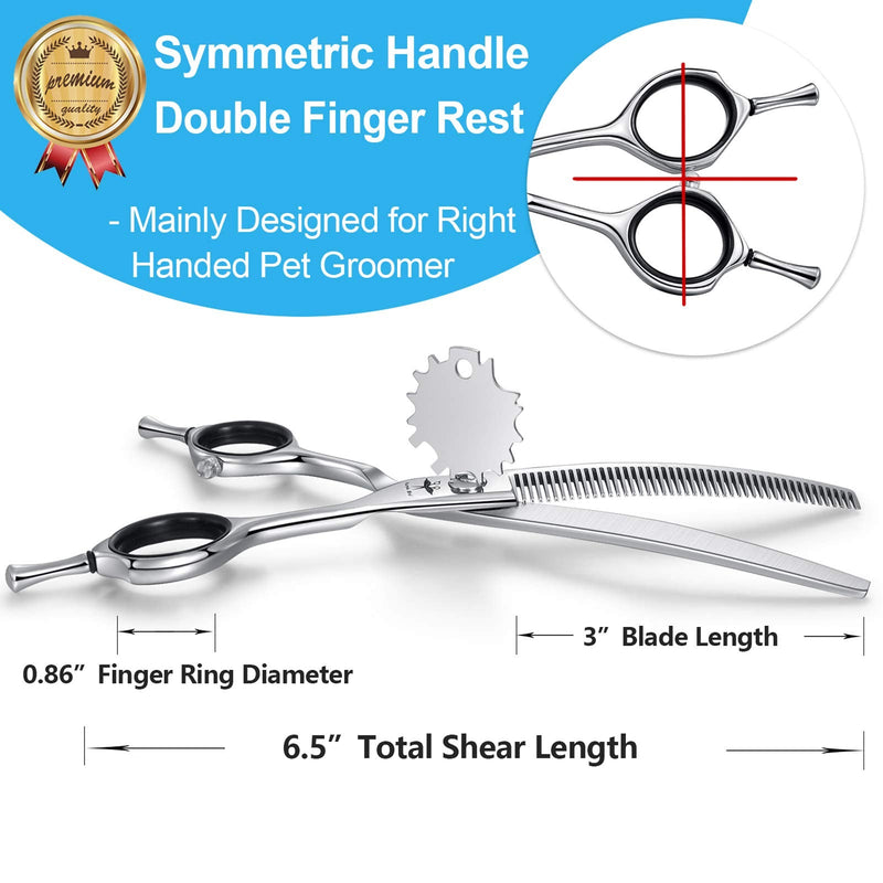 PURPLEBIRD 6.5 Inch Downward Curved Dog Grooming Scissors Pet Thinning Texturizing Shears Professional Safety Blunt Tip Trimming Shearing for Dogs Cats Face Paws Limbs Japanese Stainless Steel Silver 6.5"CurvedThinning - PawsPlanet Australia