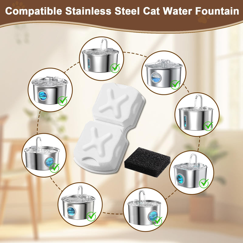 Cat Water Fountain Filter Replacement Kit - 12 Cat Fountain Filters, 12 Sponges & 2 Brushes, Compatible with Stainless Steel Pet Fountains 12 Filters & 12 Sponges & 2 Brushes 26