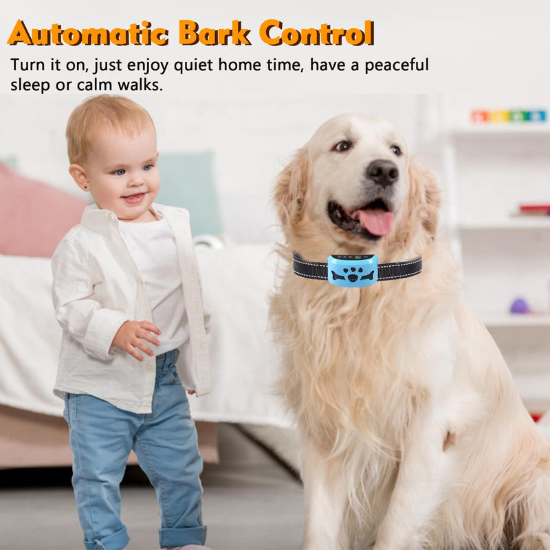 Dog Bark Collar, Anti Bark Collars for Large Medium Small Dogs with 7 Level Sensitivity Adjustable and 4 Stop Barking Modes, Rechargeable Bark Collar No Shock for Dogs with Beep Vibration Shock Blue