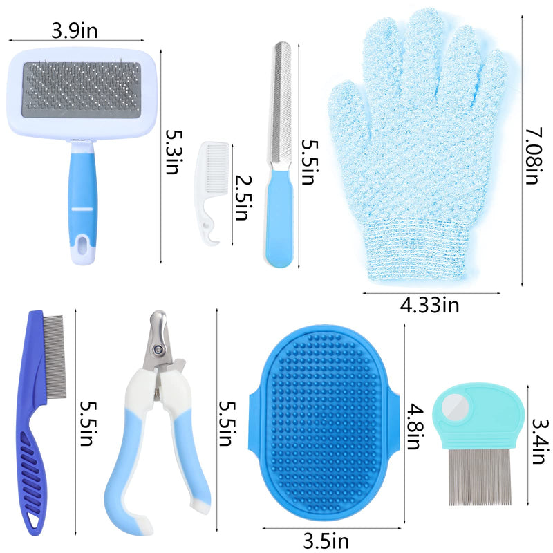 VCZONE Small Animal Grooming Set: Pet Nail Clipper & File, Flea Comb, Shampoo Brush, Shedding Slicker Brush, Massage Glove, Cleaning Comb (Blue) Blue - PawsPlanet Australia