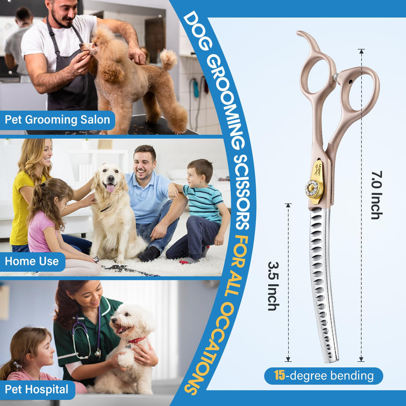 JASON Professional Curved Chunker Shears - 7 Inch Chunker Scissor Dog Grooming Japanese 440C Stainless Steel Diamond Screw with 21 Fishbone Teeth Dog Shears, Rosegold - PawsPlanet Australia
