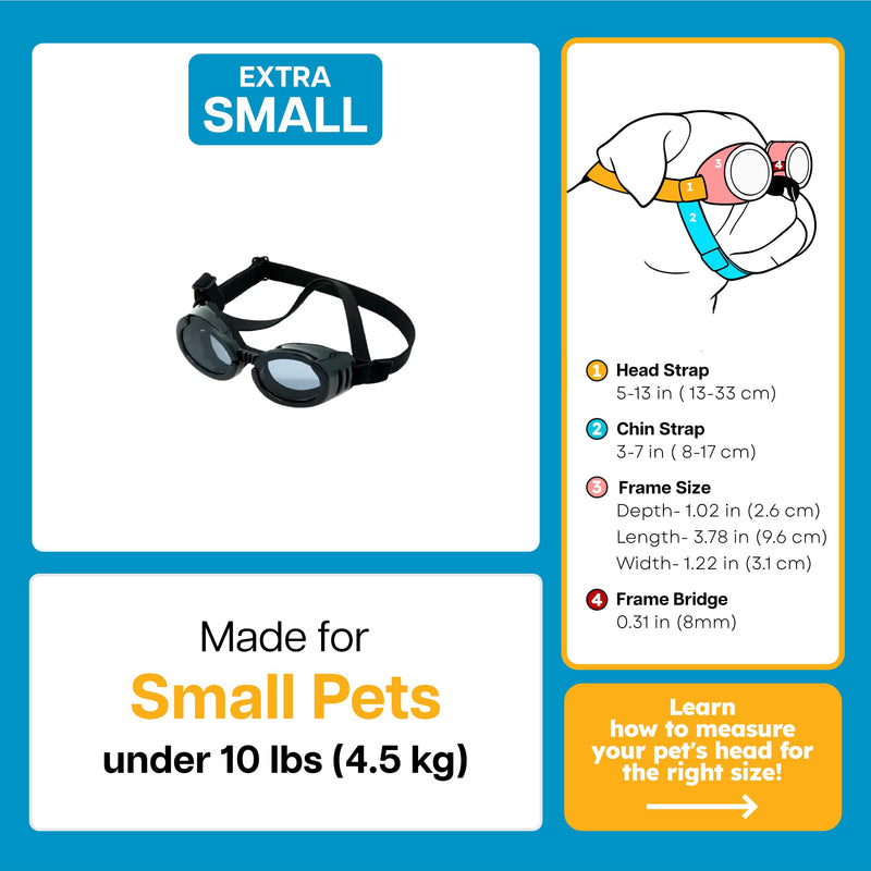 PetSpex® Dog and Cat Sunglasses, Pet Goggles with UV Protection, Windproof Water Resistant Pet Glasses with Adjustable Head and Chin Straps for Outdoor Adventures, Extra Small, Black Black Frame X-Small
