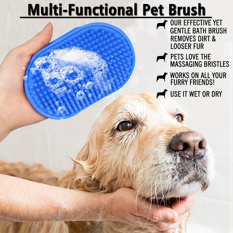 Dog Grooming Brush, Pet Shampoo Bath Brush Shedding Soothing Massage Rubber Comb with Adjustable Ring Handle for Long Short Haired Dogs and Cats 2pcs Blue & Yellow - PawsPlanet Australia