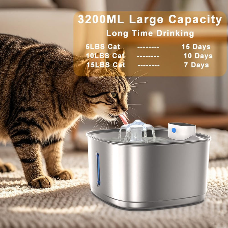 Wireless Cat Water Fountain Stainless Steel, 108oz/3.2L Cat Fountain Battery Operated, Cordless Pet Water Fountain for Cats & Dogs with Motion Sensor, Ultra Quiet Pump, Multi-Filtration 108OZ Wireless Fountain - PawsPlanet Australia