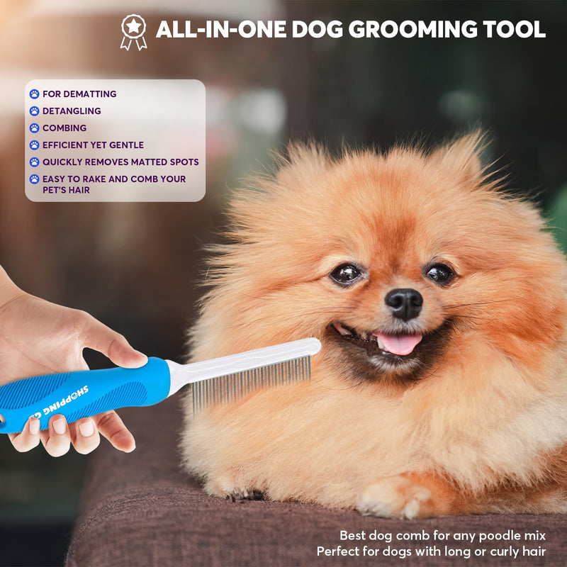Detangling Pet Grooming Comb for Dogs & Cats with Long & Short Stainless Steel Metal Teeth for Removing Tangles and Knots - Dematting Brush to Detangle Matted Hair Blue comb
