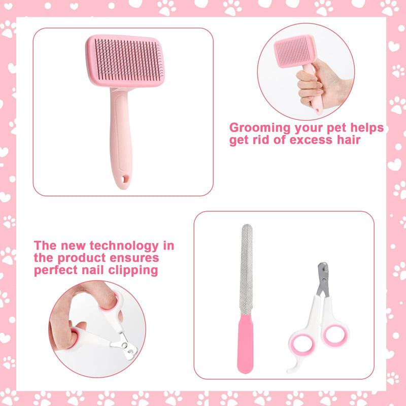 VCZONE 8 Pcs Dog Grooming Kit with Self Cleaning Tools: Nail Clipper, Flea Comb, Shampoo Brush, Shedding Brush, Dematting Comb, Silicone Toothbrush (Pink) Pink - PawsPlanet Australia
