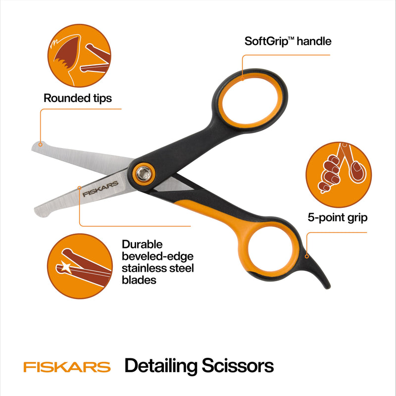 Fiskars Pet, Dog & Cat Grooming Scissors, Rounded Tips & SoftGrip Handle, Cat and Dog Supplies, 5.5”, Orange/Black, Detailing Scissors - PawsPlanet Australia