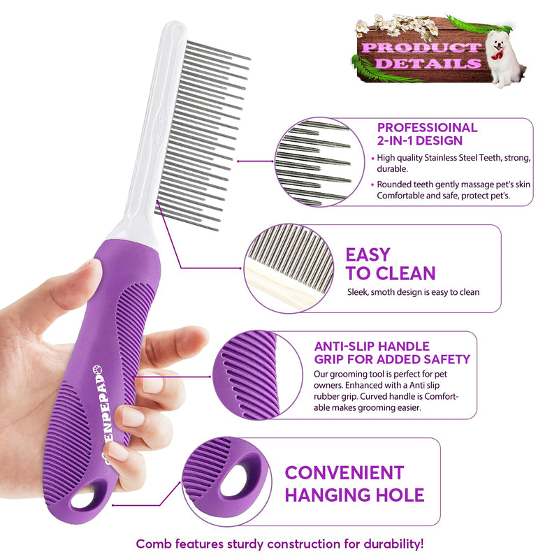 Grooming Comb for Dogs and Cats with Matted Hair, Detangling Pet Comb with Long and Short Stainless Steel Metal Fine Teeth for Removing Mats, Tangles, Knots & Loose Fur from The Undercoat Purple