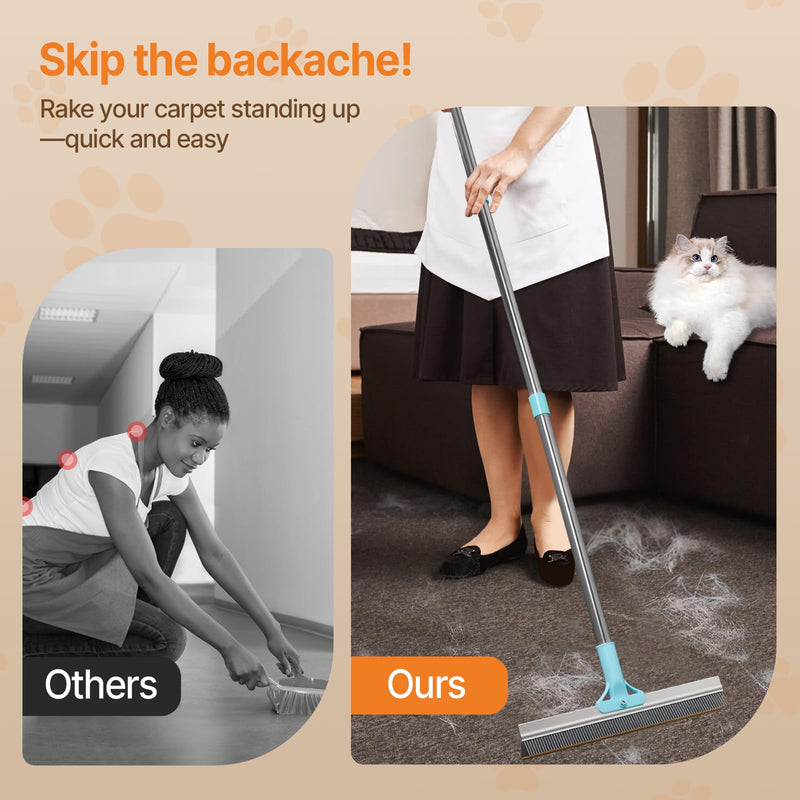 2 in 1 Carpet Rake for Pet Hair Removal, Reusable Pet Hair Remover, 54” Adjustable Long Handle Cat Dog Carpet Rake Scraper, Dog Hair Rake Brush for Rugs, Mats, Couch, Furniture - PawsPlanet Australia