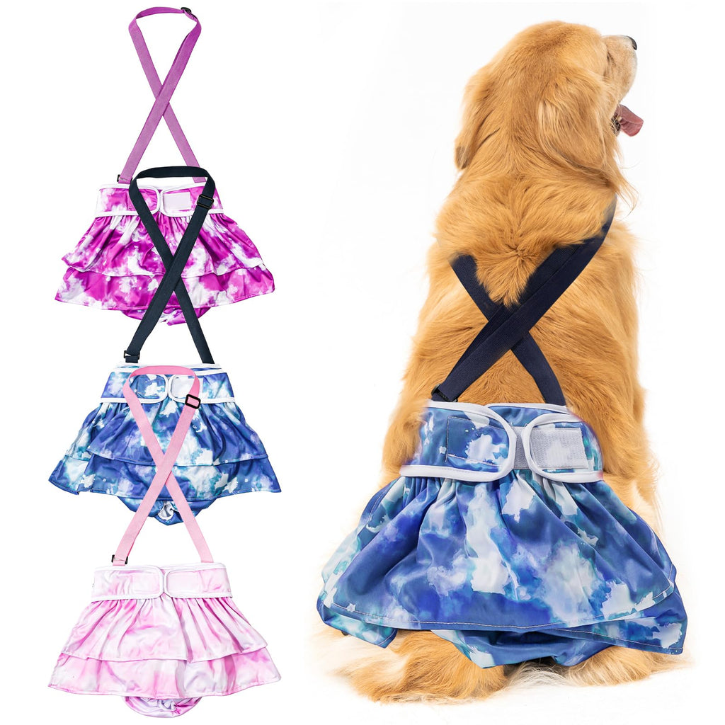 3 Pack Avont Washable Female Dog Diaper with Suspender, Reusable Girl Doggie Diapers for Small Medium Large Doggy in Heat Cycle Period Incontinence -L Tie-dye - Purple/ Blue / Pink L