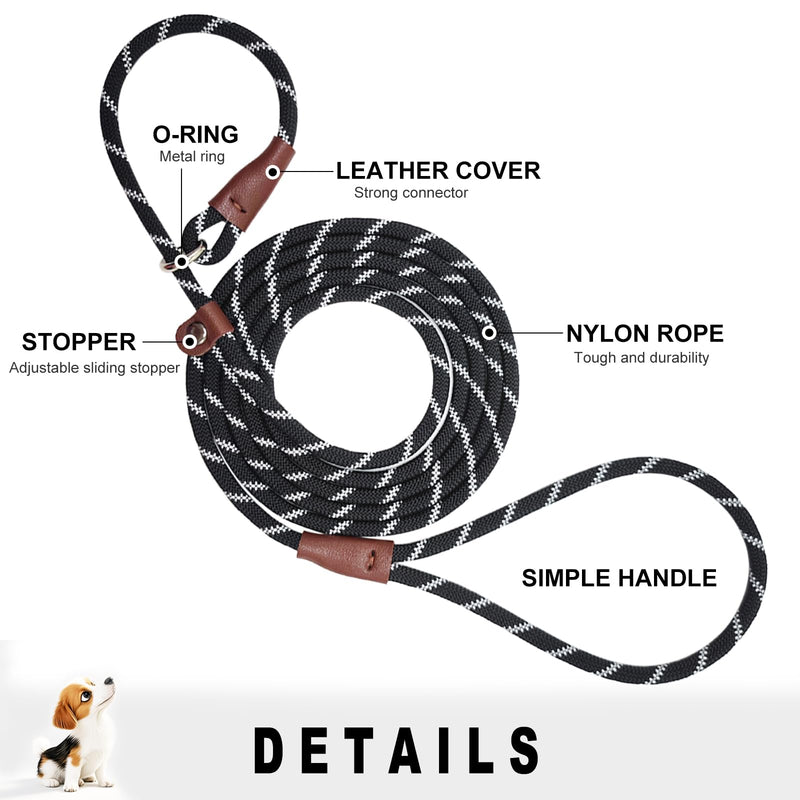 7 FT Slip Lead Dog Leash for Small Dogs, No Pull Puppy Training Lead, Lightweight Sturdy Pet Slip Rope Leash, Black 1/4'' x 7 FT - PawsPlanet Australia