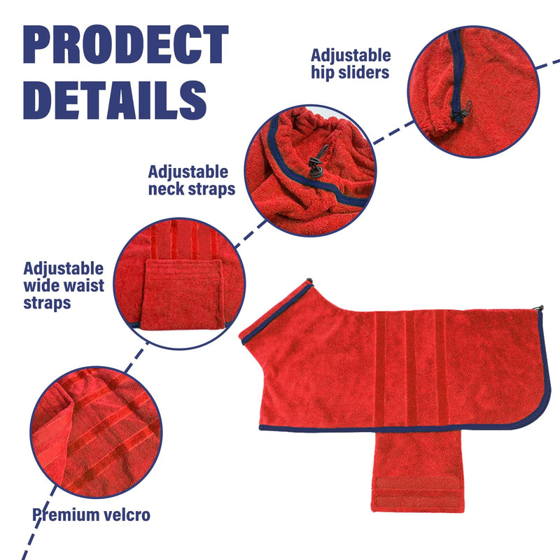 Dog Drying Coat - Fast Drying Dog Towel Robe - Microfiber Dog Drying Bag Super Absorbent Pet Bathrobe, Adjustable Collar & Belly Strap Fast Drying Coat Dog Bath Robe Towel (Medium, Red) Medium - PawsPlanet Australia
