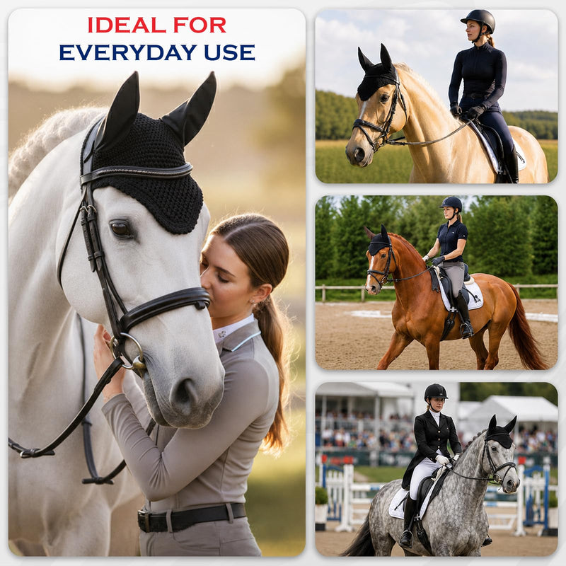 Equine Care Horse Fly Bonnet Full Size Black – Breathable Cotton Crochet Ear Bonnet, Fly Veil & Ear Net for Horses with Noise Reducing Cotton Ears for Dressage, Hunter Jumper & English Riding