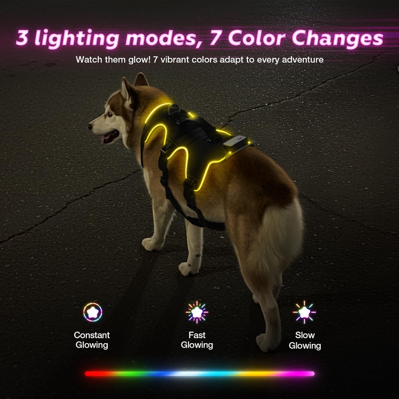 Light Up Dog Harness LED Dog Vest - USB-C Rechargeable RGB 9-LED, Slow/Fast Rainbow Modes, Reflective No-Pull Harness with Dual D-Rings & Handle for Small to XL Dogs (Black, L) Black - PawsPlanet Australia