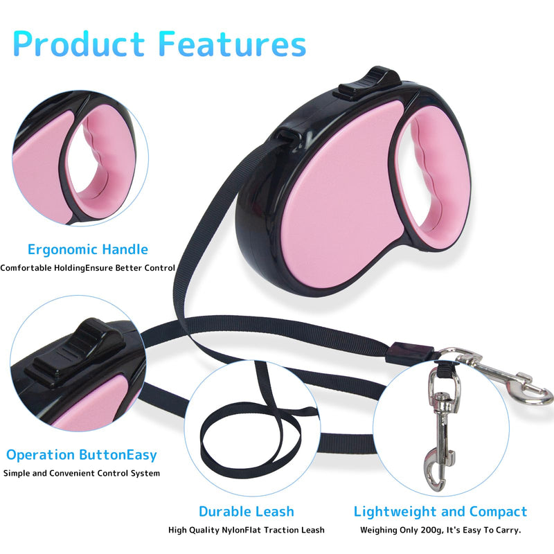 Retractable Dog Leash,16 Ft Dog Retractable Leash,with Anti Slip Handle,Strong Nylon Tape No Tangle,One Handed Brake,Pause,Lock,Suitable for Small and Medium Sized Dogs（Pink） pink - PawsPlanet Australia