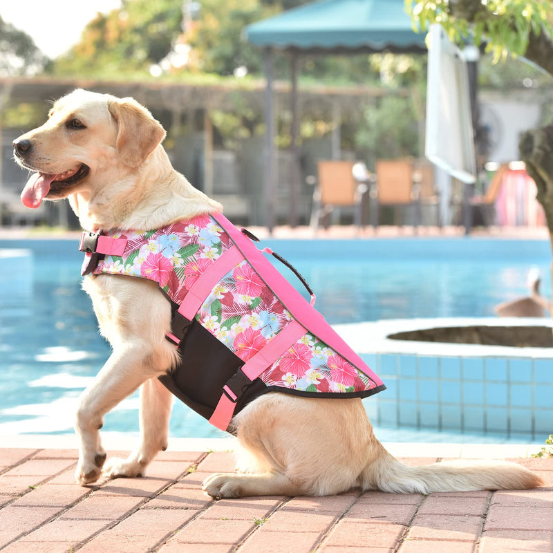 Dog Life Jacket Vest Swimming Adjustable Puppy Life Vests, Ripstop Life Jackets for Small Medium and Large Dogs High Visibility Flotation with Rescue Handle for Water Swim Boating Hunting（XL X-Large Flower+Pink - PawsPlanet Australia