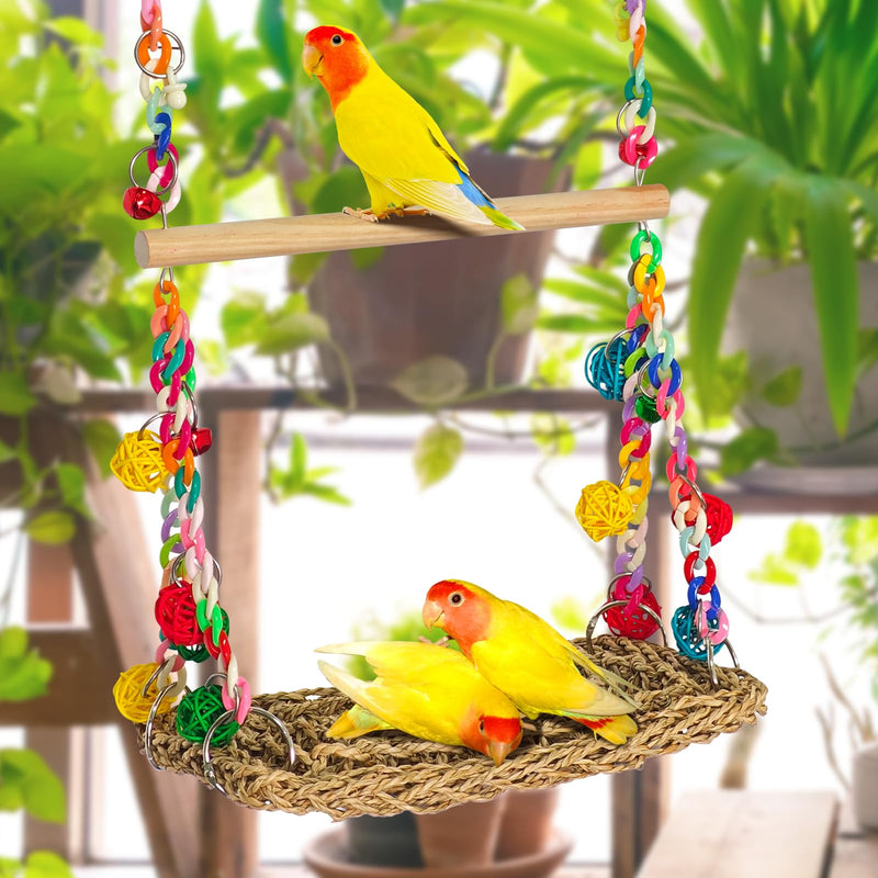 Natural Bird Swing Toys with Wood Perch,Double Layer Bird Seagrass Woven Climbing Hammock with Chewable Perch Stand Chewing Toy for Parakeets,Budgies,Conures,Cockatiels,Lovebirds - PawsPlanet Australia
