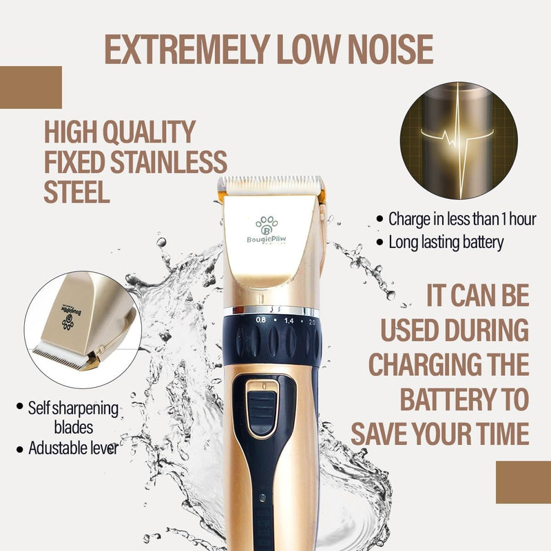 Dog Grooming Kit – Low Noise Cat & Dog Hair Trimmer with Pet Nail Cutter | Cordless Dog Clippers for Grooming Thick Coats with Bath Brush, & Shaver with Scissors for Dogs Cat Animal Gold With Led Display - PawsPlanet Australia