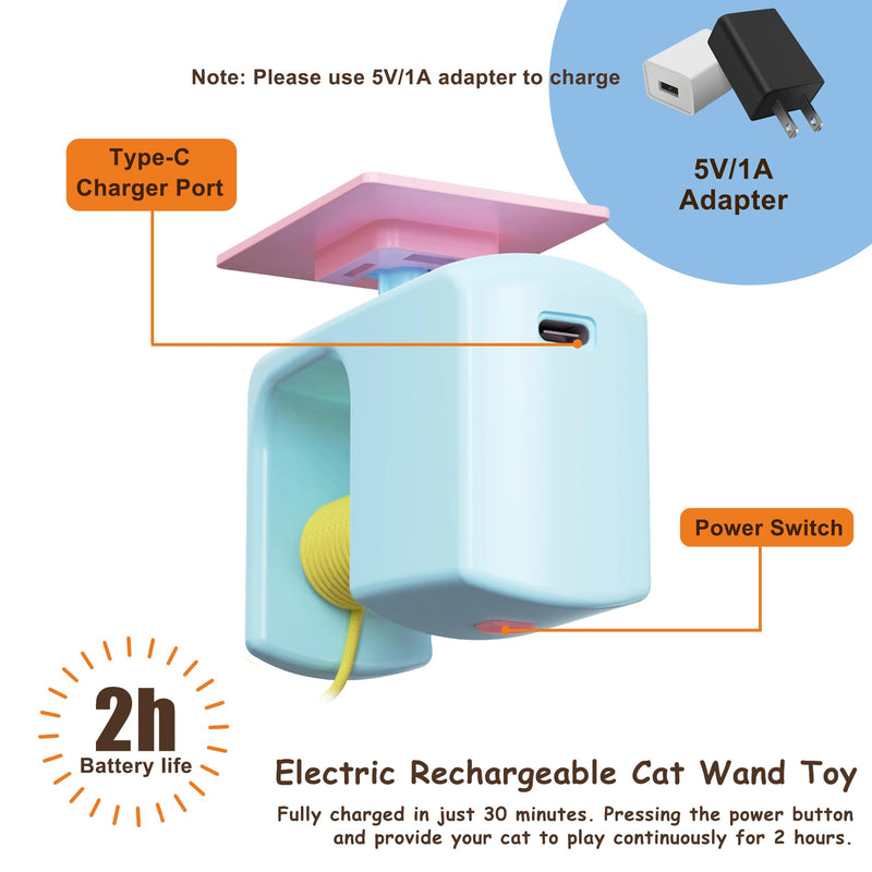 Interactive Hanging Cat Retractable String Toys for Indoor Kittens and Bored Adult Cats with 3 Flying Feathers, Automatic Electric Teaser for Enrichment and Chase, Rechargeable, Blue - PawsPlanet Australia