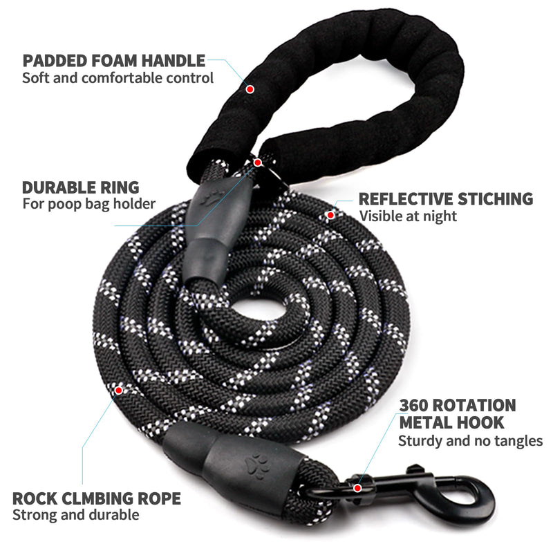 COOYOO Dog Leash 6 FT Heavy Duty - Comfortable Padded Handle - 1/2 inch Reflective Dog Leash for Medium Large Dogs with Poo Bag Dispenser 1/2"x 6 FT (18~120 lbs.) 1 Pack E-Black - PawsPlanet Australia