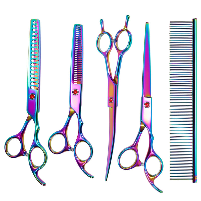 Dog Grooming Scissors Set, SUMCOO Pet Grooming Scissors Chunkers Shears for Dog, Curved Dog Grooming Scissors, Thinning Shears for Dog with Grooming Comb (Rainbow) - PawsPlanet Australia