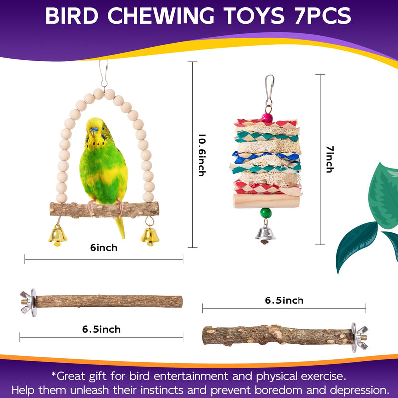 Bird Parakeet Toys 7PCS - Perch Parrot Cage Accessories Chewing Stuff, Natural Wooden Foraging Chew Toys for Budgerigars, Conure, Cockatiel, Finch, Lovebirds, Perches for Medium, Small Birds