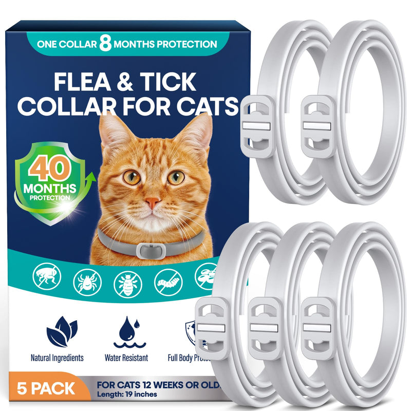 Flea and Tick Collar for Cats 5 Pack, 8 Months Protection, Plant-Based Ingredients, Water-Resistant, Adjustable & Lightweight, Suitable for Adult Cats & Kittens, White