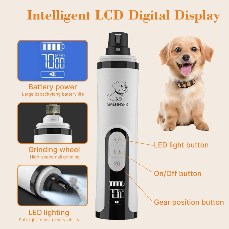 ahansi Dog Nail Grinder, 2026 Upgrade Quiet Dog Nail Grinder Cordless with LED Light & 3 Speeds, Quick USB Rechargeable Dog Nail Trimmer for Thick and Long Nails (1pc+2 Heads) - PawsPlanet Australia