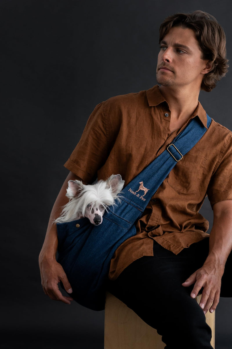 Noah & Paw Dog Sling Carrier for Small Dogs 5-18lb, Dog Sling for Small Dogs and Cats, Dog Carrier with Adjustable Padded Strap, Premium Denim, Lined with Fur, Double Safety Feature, Machine Washable Dark Blue 18.0"L x 10.0"W x 6.5"H - PawsPlanet Australia