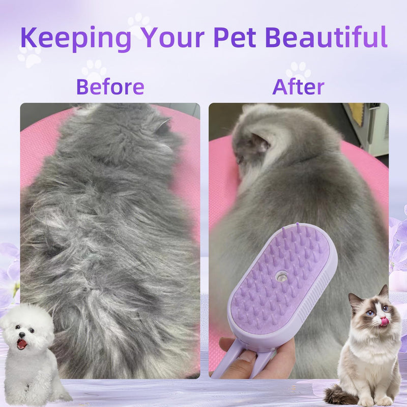 4-in-1 Rechargeable Anti-Dandruff Pet Steam Brush — brush for sheddingCats & Dogs,pet hair removal tool. Integrating functions of massage,clean, hair grooming and anti-static (purple) purple - PawsPlanet Australia