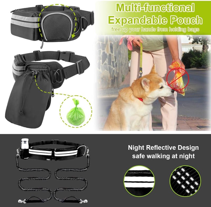 Hands Free Dog Leash for 2 Dogs - 2 Convenient Pouches on This Nifty Hands Free Leash - Padded Handles and 2 Tough Bungees - Perfect Waist Leash for Dog Walking, Running or Adventuring Waist: 28in - 49in Black - PawsPlanet Australia
