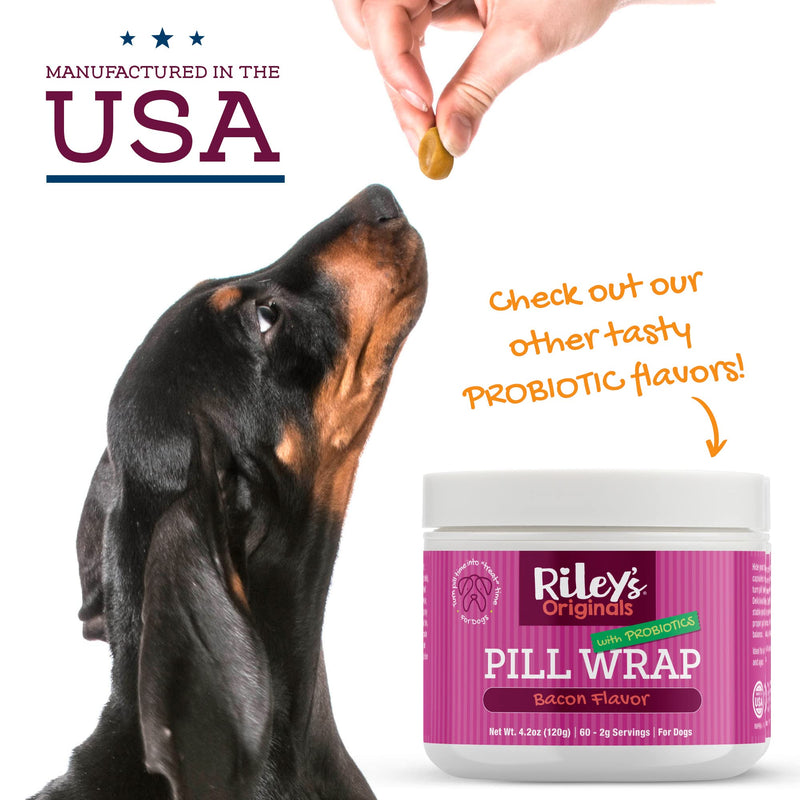 Riley's Pill Wrap for Dogs with Probiotics - Delicious Cheese & Bacon Flavored Pill Paste for Dogs - Wrap Pills, Capsules, Tablets in a Pocket or Pouch to Mask The Taste & Make Pill Time Fun - 4.2 oz Cheese & Bacon + Probiotics