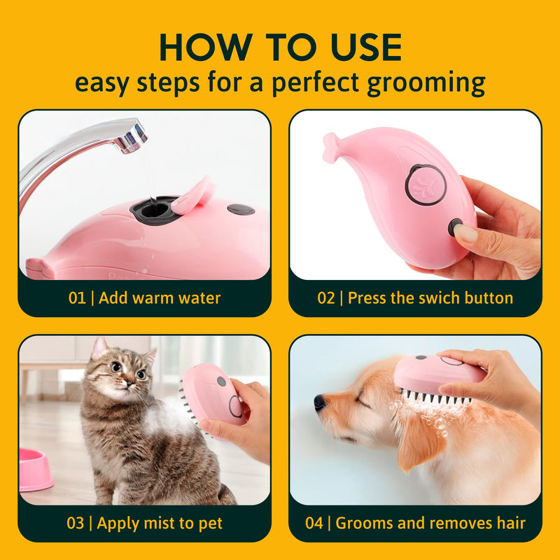 Cat Steam Brush for Shedding Pets 3 in 1 Function, Spritz Defur Comb for Kittens, Steamy Hair Rake for Long-Haired Dogs, Steamer Brush for Massage, Grooming and Removing Loose Hair PINK - PawsPlanet Australia