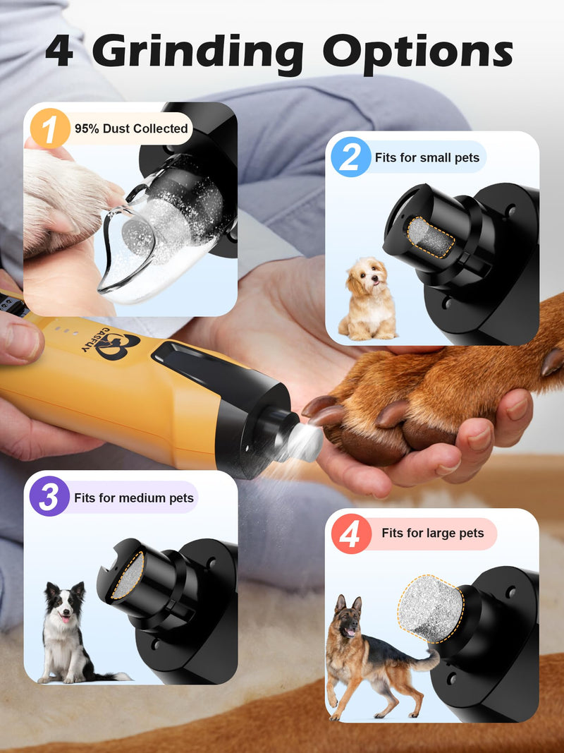 Casfuy 6-Speed Dog Nail Grinder – 50% Boosted Power Dog Nail Trimmers Quiet with Dual LED Lights & Dust Collector & 4.8V Copper Motor Electric Pet Toenail File Tool for Large Medium Small Dogs and Cat Yellow - PawsPlanet Australia