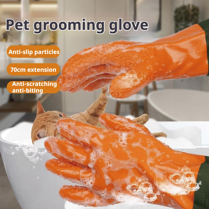 YOFANG Dog Washing Gloves,27.6" Long Rubber Dog Bath Brush, Durable Cat Bite-Proof gloves & Pet Hair Removal Glove with Soft Particles Suitable for Dogs Cats Pet Grooming. Orange - PawsPlanet Australia