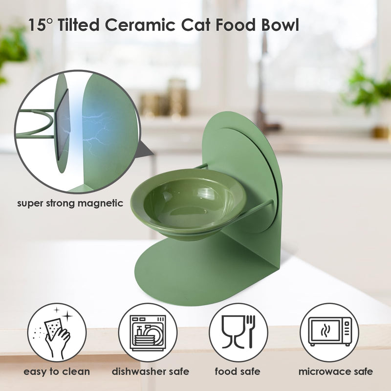2-Pack Adjustable Cat Bowls with Magnetic Iron Stand & Ceramic Bowls – Dual Height & Angle Adjustable, Non-Slip Design for Comfortable Feeding 2PCS-Green
