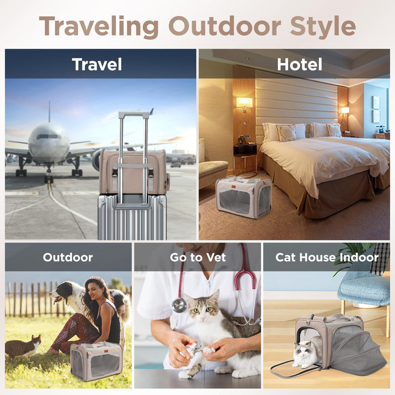 Small Dogs Carrier Airline Approved Soft Cat Carriers Stylish Expandable Pets Carriers Puppies Kitties Cage,Ventilated,Rabbit Bunny Small Animals Travel Outdoor Khaki Color 17.5"L x 12.0"W x 12.0"H