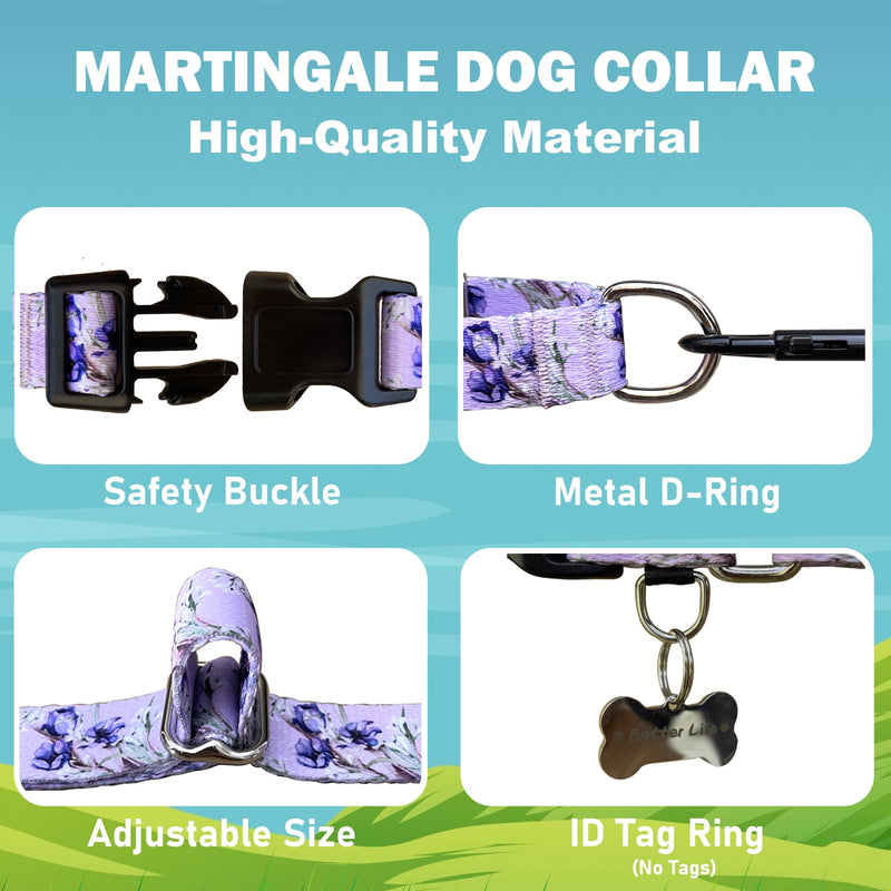 Martingale Collar for Dogs Floral Dog Collars for Small Medium Large Dogs with Buckle Adjustable Soft Nylon Dog Collar (Purple Lily, Small) Purple Lily - PawsPlanet Australia