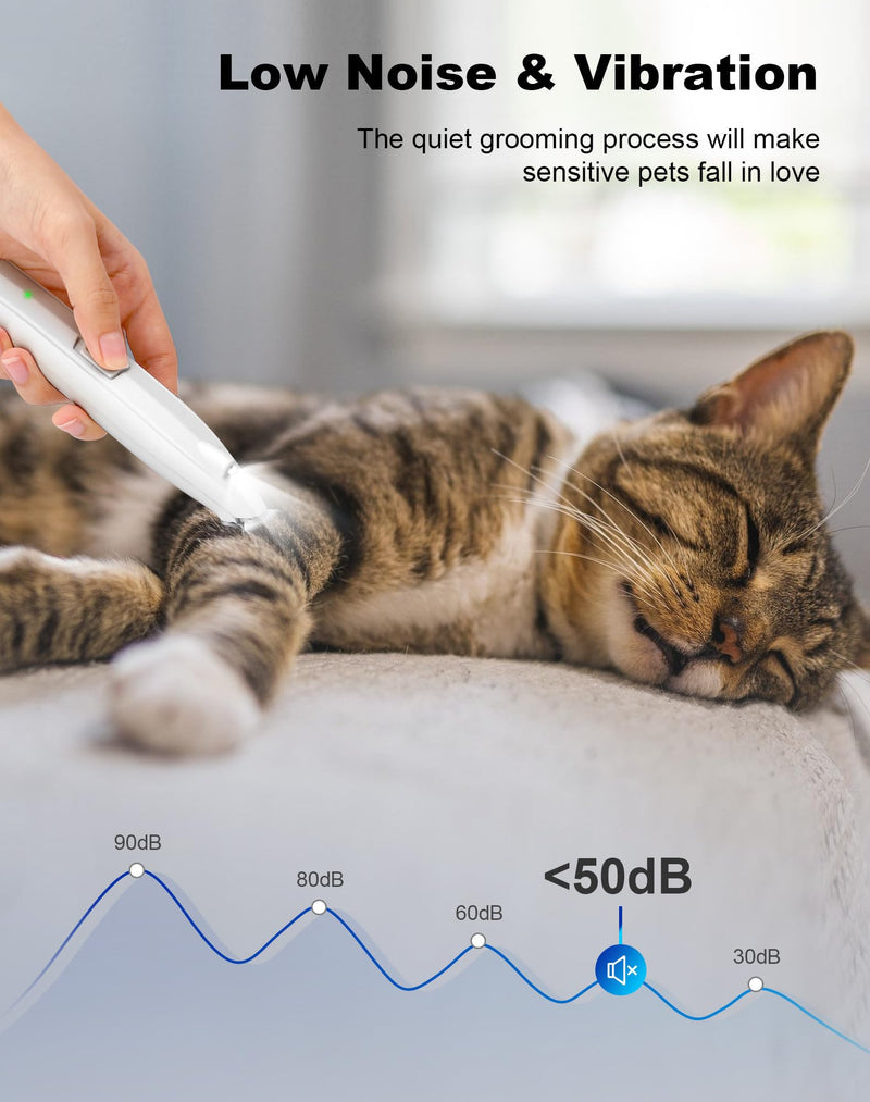 Dog Paw Trimmer for Grooming, Cordless Electric Dog Clippers with LED Light, Rechargeable Low Noise Small Pet Shaver for Trimming Cat's Hair Around Eyes, Faces, Ears, Paws, Rump(White) White