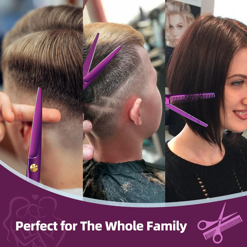 Professional Hair Cutting Scissors - 9 PCS Haircut Scissors Set with 29-Tooth Thinning Shears and Straight Shears for Men Women Home Salon Barber (6.5", Purple) 2-scissors set - PawsPlanet Australia