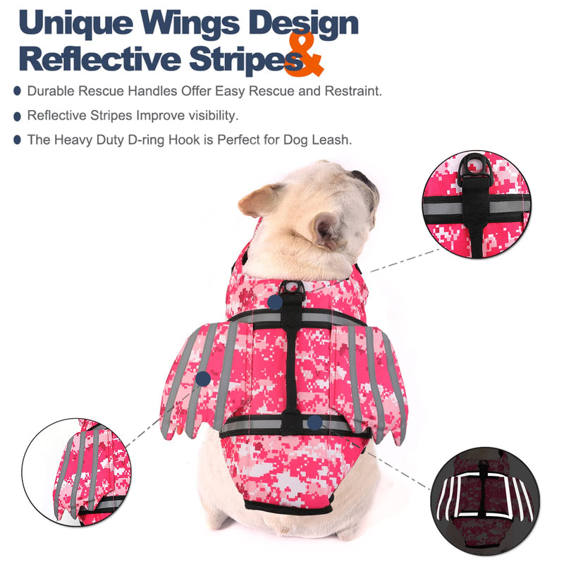 Dog Life Jacket, Wings Pet Life Vest for Swimming Boating Reflective Dog Flotation Swim Vest with Handle and Chin Float for Small Medium Large Size Dogs - Pink Camo, XS XS (Chest Girth 11.8"-16.5") - PawsPlanet Australia