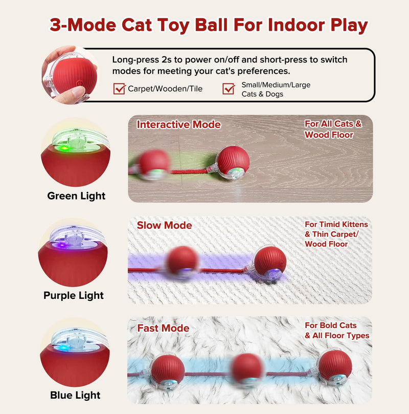 Interactive Cat Toys for Indoor Cats, Motion Activated Cat Ball with 3 Speeds, 2 Replaceable Tails, Safe Material Kitten Toys, USB Charging, 360° Smart Rolling Ball for Bored Adult Cats and Dogs - PawsPlanet Australia