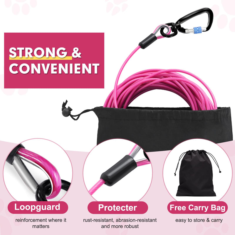 Snagle Paw Dog Lead Cable 20FT,Heavy Duty Outside Dog Leash Cable with Shock Absorbing Spring & Swivel Hook,Dog Tether for Yard,Dog Line for Small Large Dogs,Withstand 1000LBS Break Strength Pink Mauve - PawsPlanet Australia