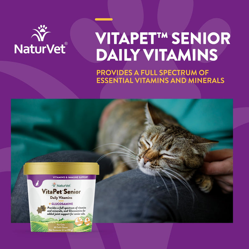 NaturVet VitaPet Senior Daily Vitamins for Cats Plus Glucosamine, Specifically Formulated to Provide Essential Minerals, 90 g, 60 Count