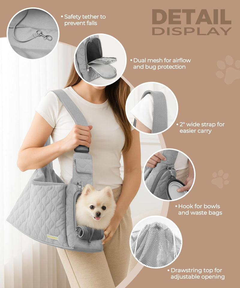 Dog Carrier Sling for Small Dogs, Front Cat Sling & Cats Up to 15 lbs, Dog Purse with Adjustable Strap Front Zipper Pocket, Double Safety Feature, Hands Free for Travel Grey - PawsPlanet Australia